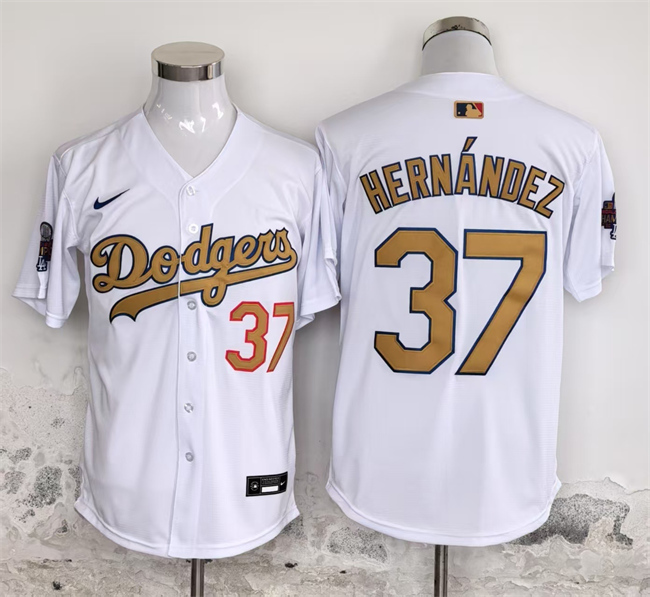 Men's White Gold Los Angeles Dodgers #37 Teoscar Hernández 2025 Cool Base Stitched Baseball Jersey